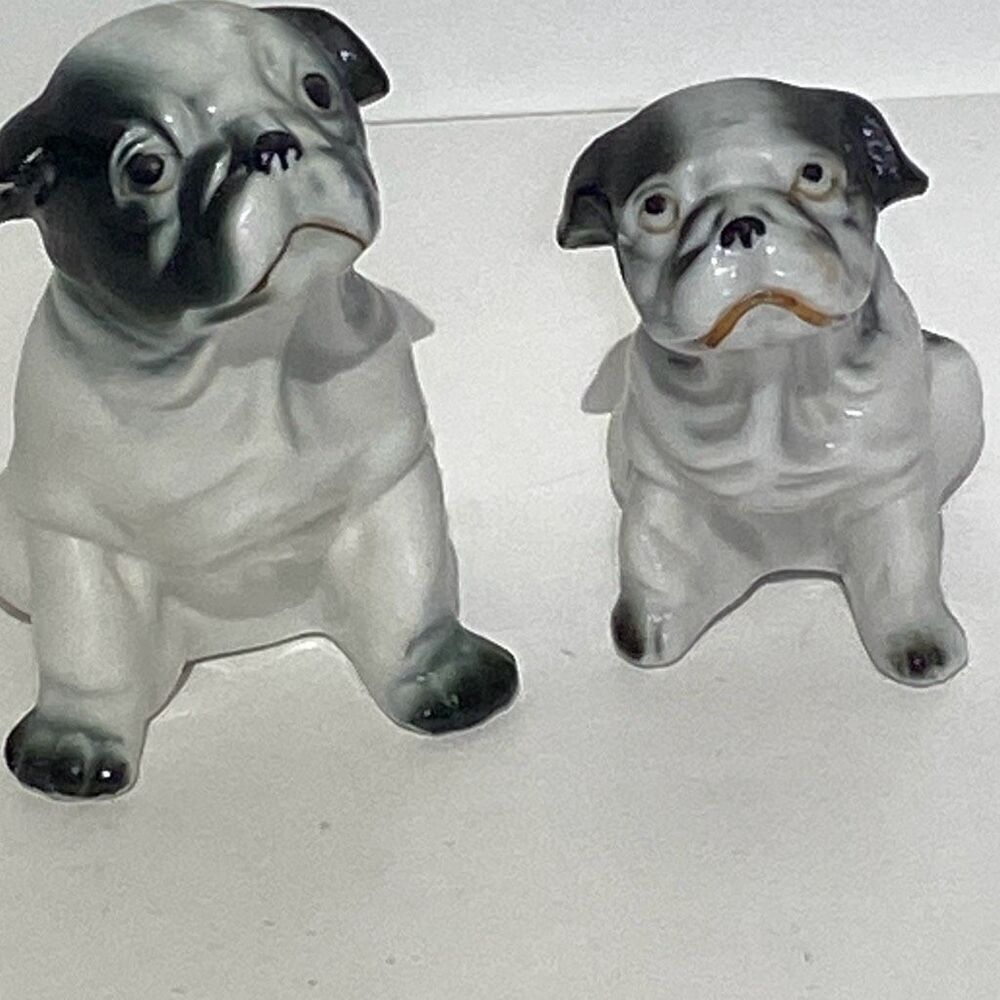 Vintage Ceramic Pug Dog Figurines Set of 2 Black White Porcelain Japan Decor